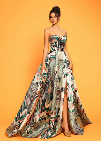 Зеленое вечернее платье с корсетом, со шлейфом, клеш SHEIN с абстрактным узором