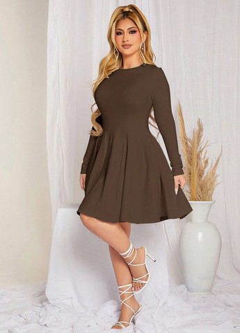 Темно-коричневое кэжуал платье с юбкой-солнце SHEIN однотонное