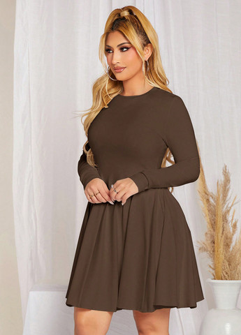 Темно-коричневое кэжуал платье с юбкой-солнце SHEIN однотонное