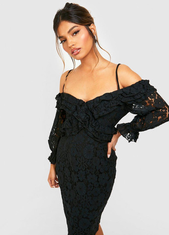 Черное кэжуал, коктейльное платье с открытыми плечами Boohoo однотонное