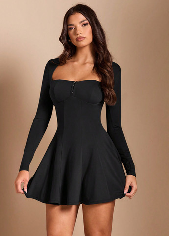 Чорна коктейльна, святковий, вечірня сукня кльош, а-силует SHEIN однотонна