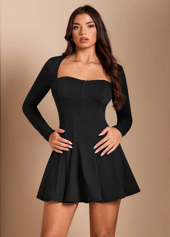 Чорна коктейльна, святковий, вечірня сукня кльош, а-силует SHEIN однотонна