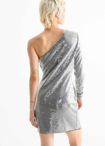 Серебряное коктейльное, вечернее платье на одно плечо C&A однотонное
