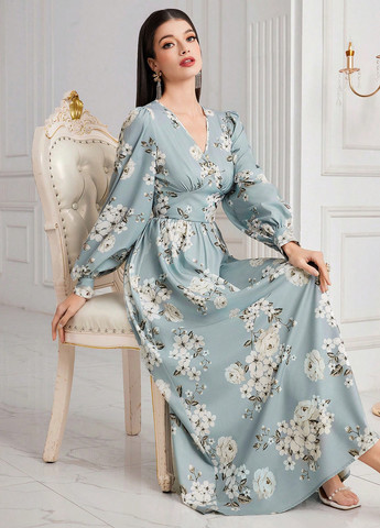 Світло-блакитна кежуал сукня кльош SHEIN з квітковим принтом