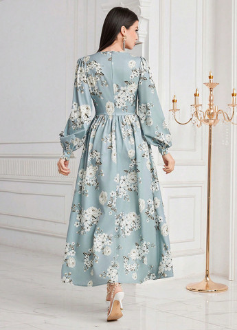 Світло-блакитна кежуал сукня кльош SHEIN з квітковим принтом