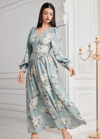 Світло-блакитна кежуал сукня кльош SHEIN з квітковим принтом