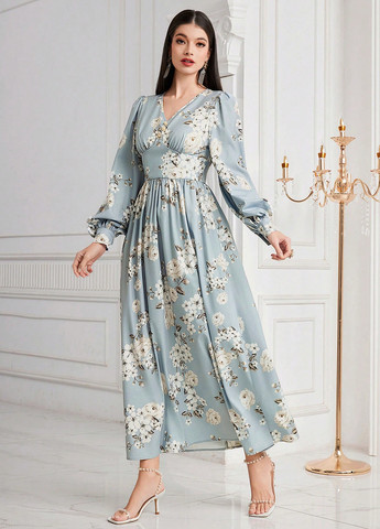 Світло-блакитна кежуал сукня кльош SHEIN з квітковим принтом