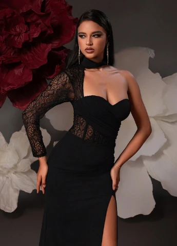 Черное вечернее платье с корсетом SHEIN однотонное