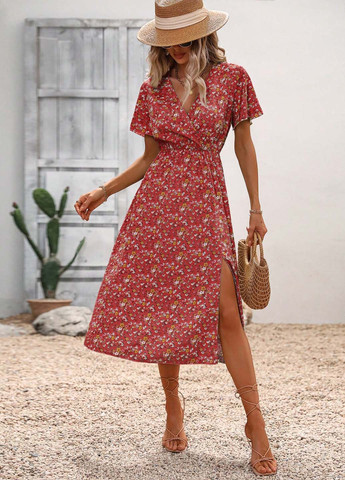 Світло-червона кежуал сукня на запах SHEIN з квітковим принтом