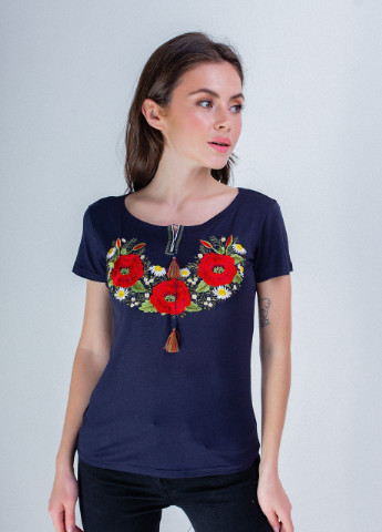 Жіноча вишита футболка Маковий цвіт синя Melanika (250206211)