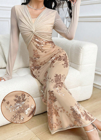 Світло-бежева святковий, вечірня сукня SHEIN однотонна