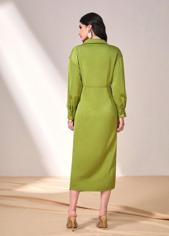 Фісташкова коктейльна, ділова сукня сукня-сорочка SHEIN однотонна