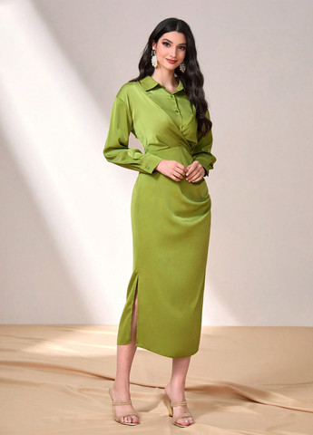 Фісташкова коктейльна, ділова сукня сукня-сорочка SHEIN однотонна