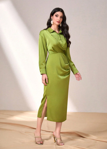 Фісташкова коктейльна, ділова сукня сукня-сорочка SHEIN однотонна