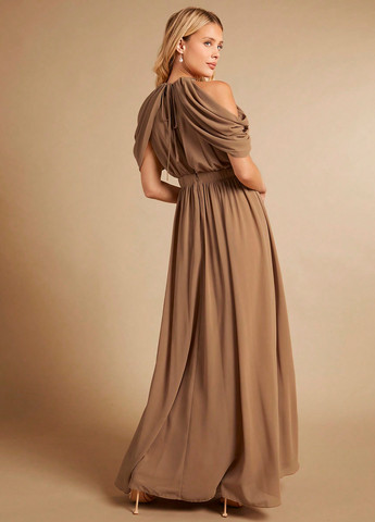Коричнева вечірня сукня кльош, з відкритими плечима SHEIN однотонна
