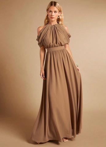 Коричнева вечірня сукня кльош, з відкритими плечима SHEIN однотонна