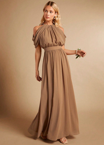 Коричнева вечірня сукня кльош, з відкритими плечима SHEIN однотонна