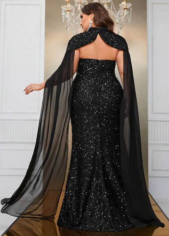 Черное вечернее платье годе, с открытой спиной SHEIN однотонное