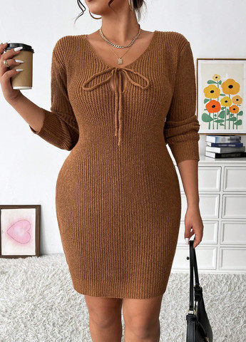 Коричневое кэжуал платье платье-свитер SHEIN однотонное