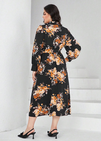 Чорна кежуал сукня сукня-сорочка, кльош SHEIN троянди