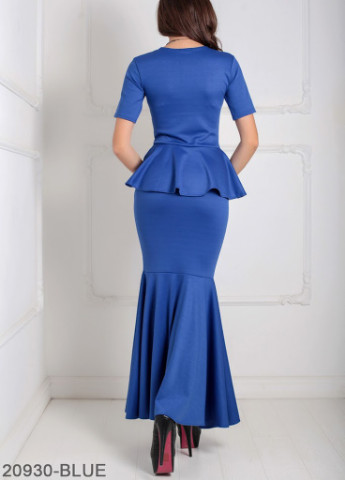 Синее кэжуал вечернее женское платье с коротким рукавом и баской на талии amalia Podium однотонное