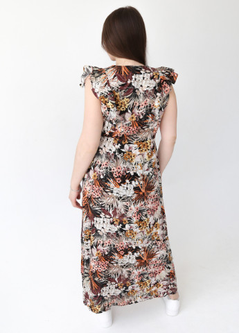 Коричневое кэжуал платье женское коричневое с молочным тонкое с пальмами на запах MDG с цветочным принтом