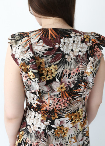 Коричневое кэжуал платье женское коричневое с молочным тонкое с пальмами на запах MDG с цветочным принтом