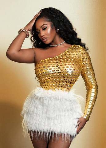 Комбінована коктейльна, вечірня сукня на одне плече SHEIN колор блок