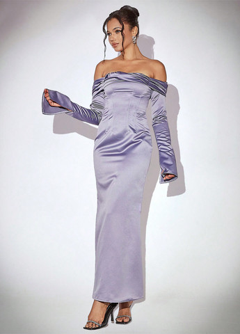 Сиреневое вечернее, коктейльное платье с открытыми плечами, с открытой спиной, силуэтная SHEIN однотонное