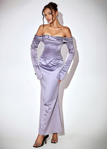 Сиреневое вечернее, коктейльное платье с открытыми плечами, с открытой спиной, силуэтная SHEIN однотонное