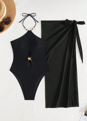 Чорний демісезонний к0мплект (купальник, парео) суцільний, халтер SHEIN