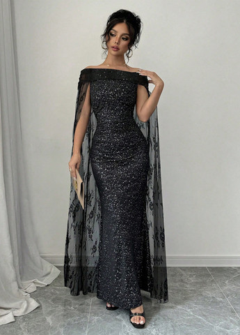 Чорна вечірня сукня зі шлейфом SHEIN однотонна