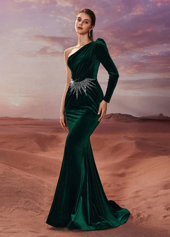 Темно-зеленое вечернее платье годе SHEIN однотонное
