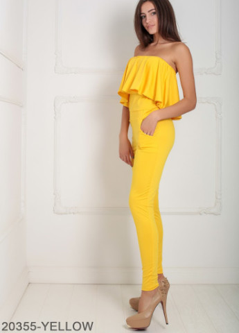 Эффектный приталенный комбинезон с открытыми плечами и баской Marie Жёлтый Podium однотонный жёлтый кэжуал