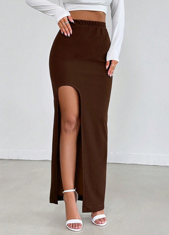 Коричневая кэжуал однотонная юбка SHEIN карандаш