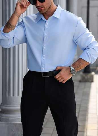 Голубой классическая, кэжуал рубашка однотонная SHEIN