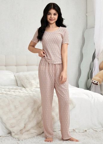 Пудровая всесезон пижама (футболка, брюки) футболка + брюки SHEIN