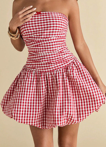 Червона коктейльна, кежуал сукня бандо, балон SHEIN в клітинку