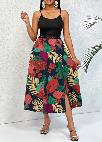 Чорна святковий, пляжна, кежуал сукня а-силует, з відкритою спиною SHEIN з квітковим принтом