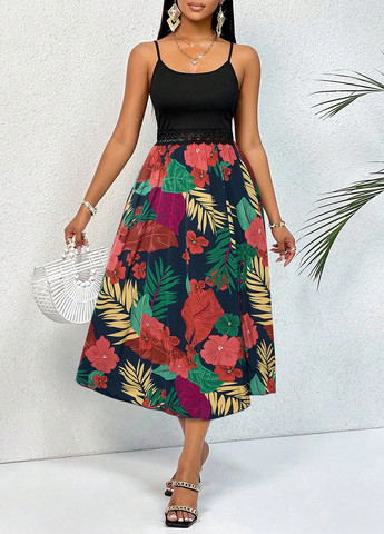 Чорна святковий, пляжна, кежуал сукня а-силует, з відкритою спиною SHEIN з квітковим принтом