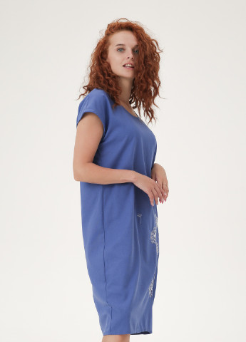 Синее кэжуал льняное прямое платье с вышивкой "летние одуванчики". INNOE однотонное