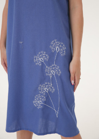 Синее кэжуал льняное прямое платье с вышивкой "летние одуванчики". INNOE однотонное