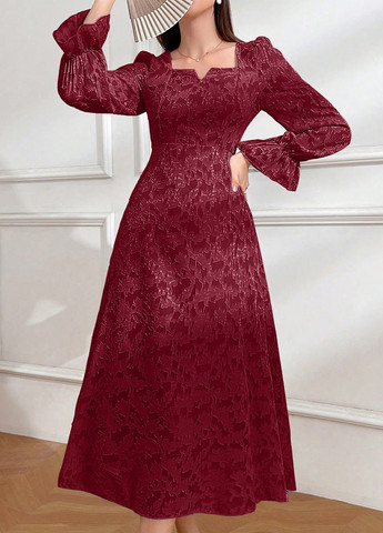 Бордовое праздничный, вечернее платье клеш SHEIN с абстрактным узором