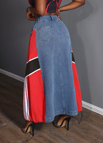 Разноцветная джинсовая, кэжуал колор блок юбка SHEIN а-силуэта (трапеция)