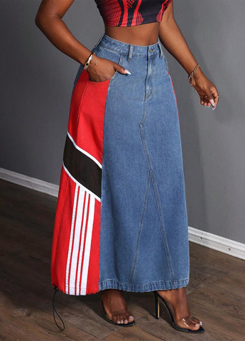 Разноцветная джинсовая, кэжуал колор блок юбка SHEIN а-силуэта (трапеция)
