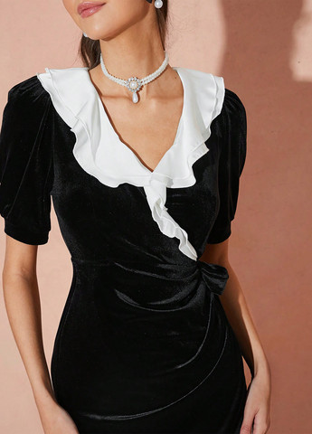 Черное деловое, кэжуал платье на запах SHEIN колор блок