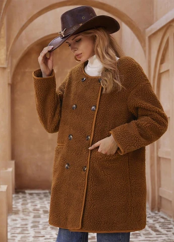 Коричневое демисезонное Пальто двубортное SHEIN