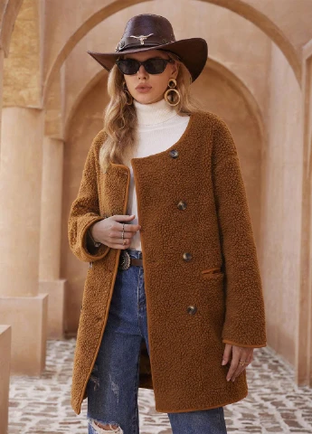 Коричневое демисезонное Пальто двубортное SHEIN