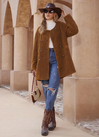 Коричневое демисезонное Пальто двубортное SHEIN