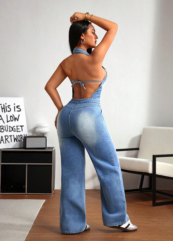 Комбинезон SHEIN комбинезон-брюки варенка голубой денил, кэжуал хлопок, джинс